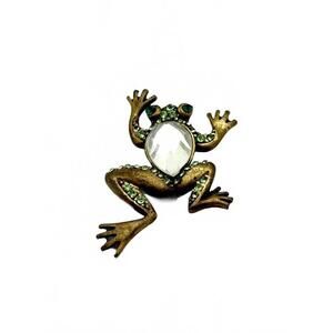 Vintage Frog Brooch Brass Tone Rhinestone Figural Animal Pin